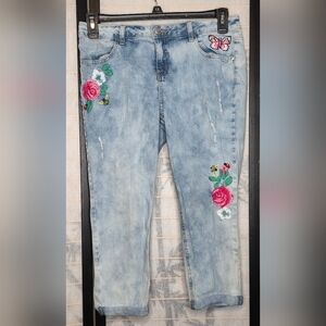 Justice Denim Jeans with Floral and Butterfly Embroidery
